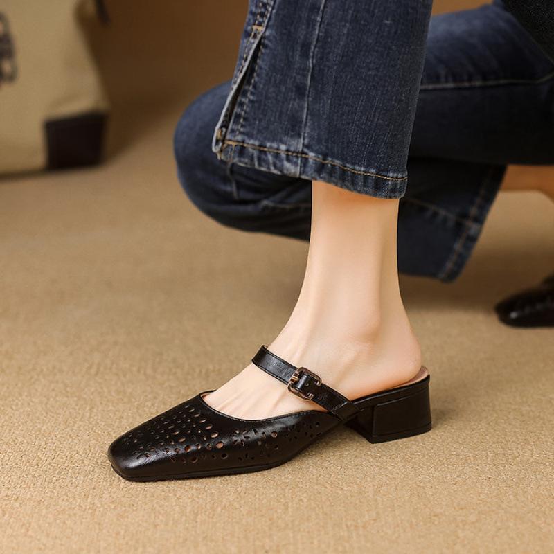 Summer Women's Bag Head Slippers Casual New Mid-heel Soft-soled Slippers Women's Solid Color One-pedal Size Cool Slippers