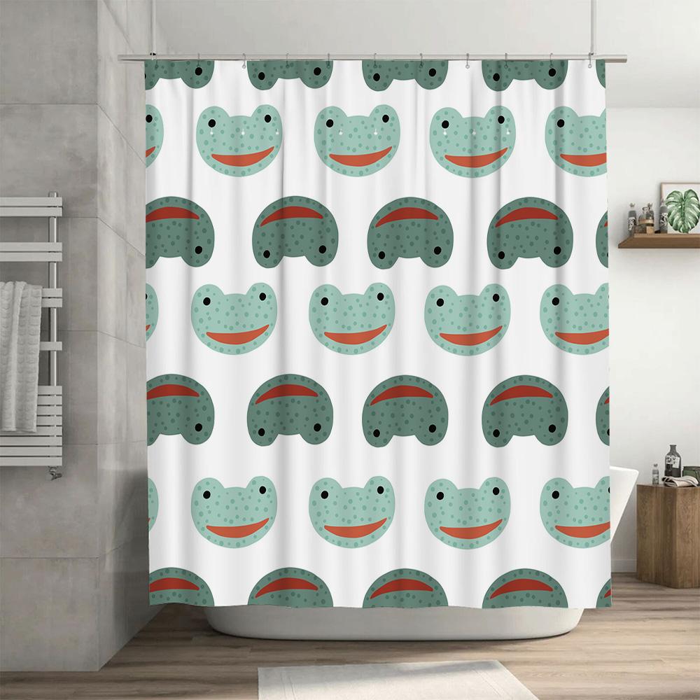 Adorable Green Frog Face Shower Curtain Set For Kids Bathrooms 3D Print Waterproof Polyester Fabric With Hooks Included In Vario