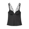 2025 Autumn European & American Style Women's Black Lace Silk Satin Top