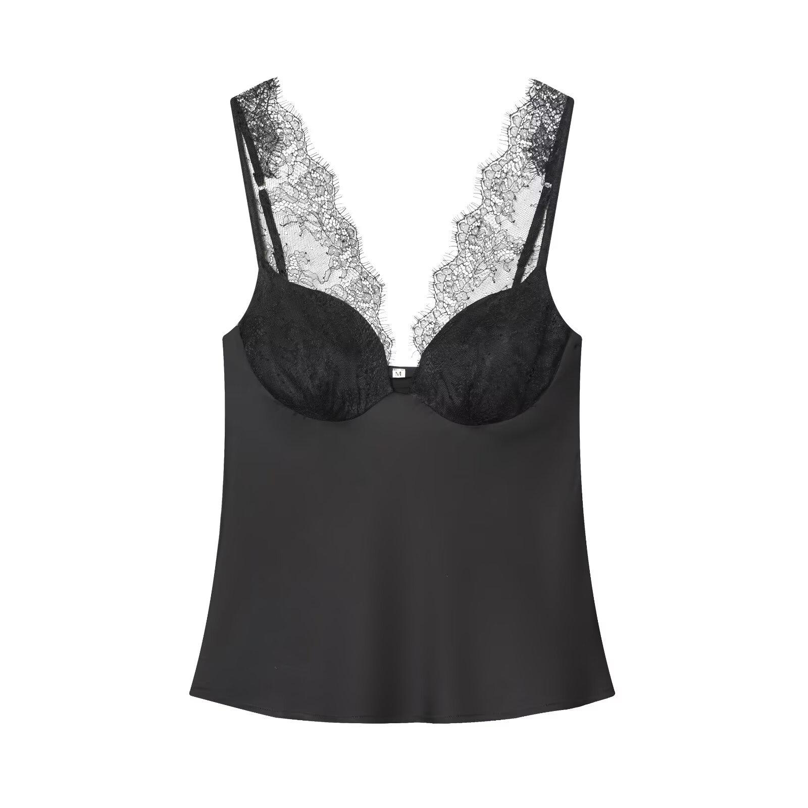 2025 Autumn European & American Style Women s Black Lace Silk Satin Top Large