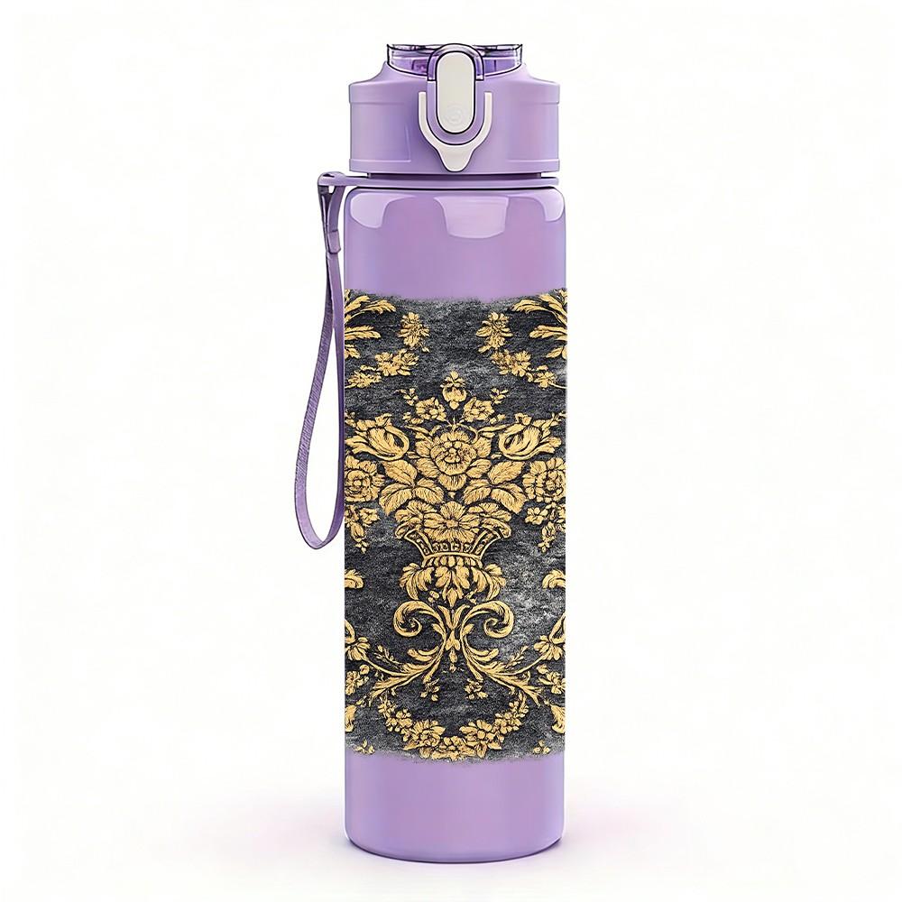 1PC Dark Vintage Damask Pattern Print 750ml Color Plastic Sports Water Bottle Leakproof Flip Straw Lid Suitable for Sports Office Home Use