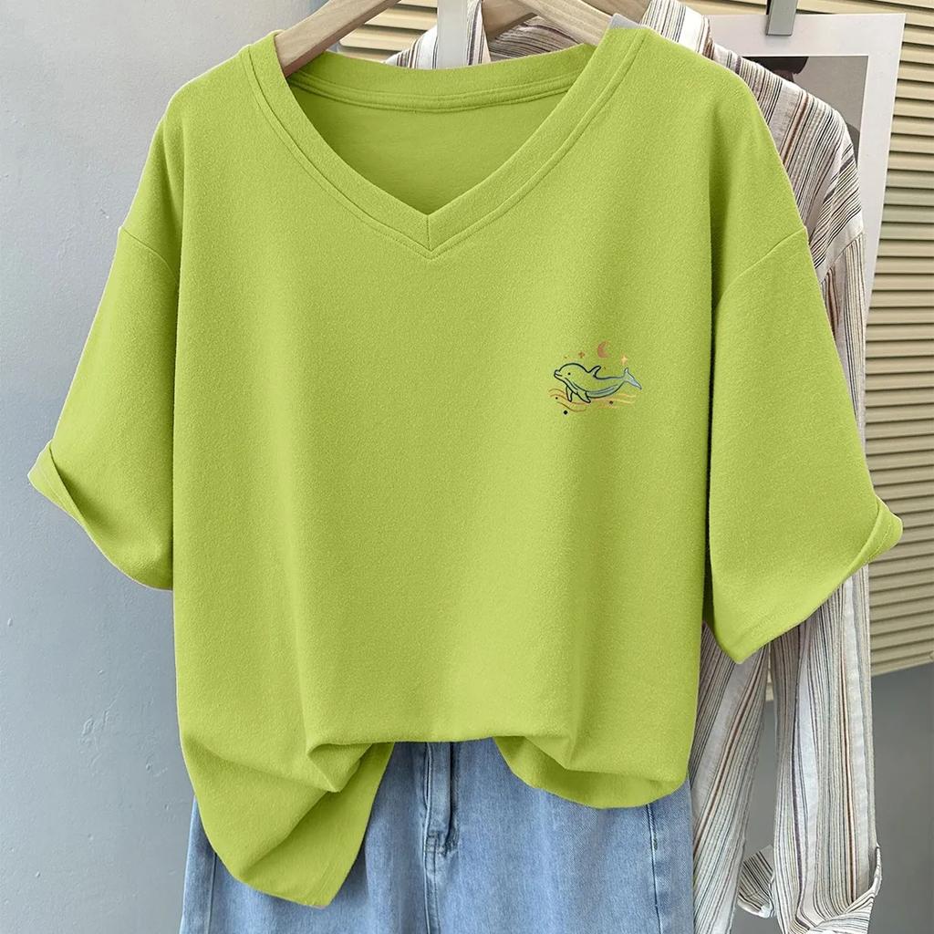 Camiseta Feminina de Verão com Manga Curta e Ombro Normal, Corte Solto, Tamanho Plus Size, Top Elegante com Decote em V e Design que Cobre a Barriga