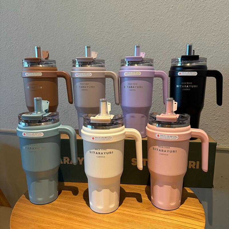 Large Capacity Stainless Steel Straw Thermos Bottle Portable Handle Double Drink Insulation Cups Coffee Mug Car Ice Tumbler Cup