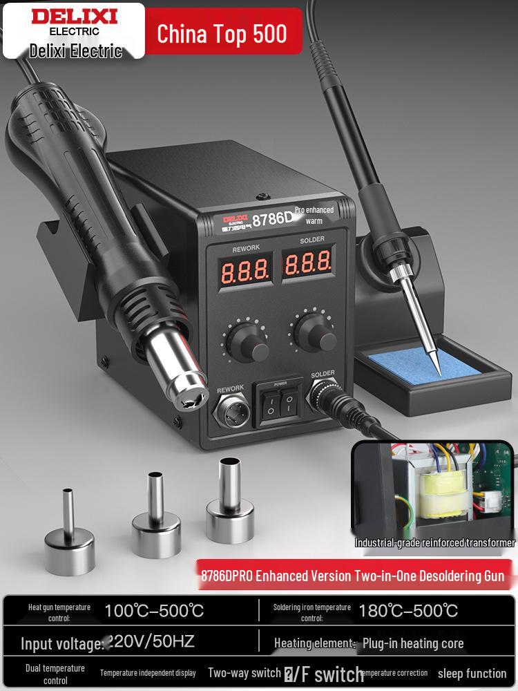 Delixi Electric 2-in-1 Soldering and Desoldering Station with Hot Air Gun and Worktable