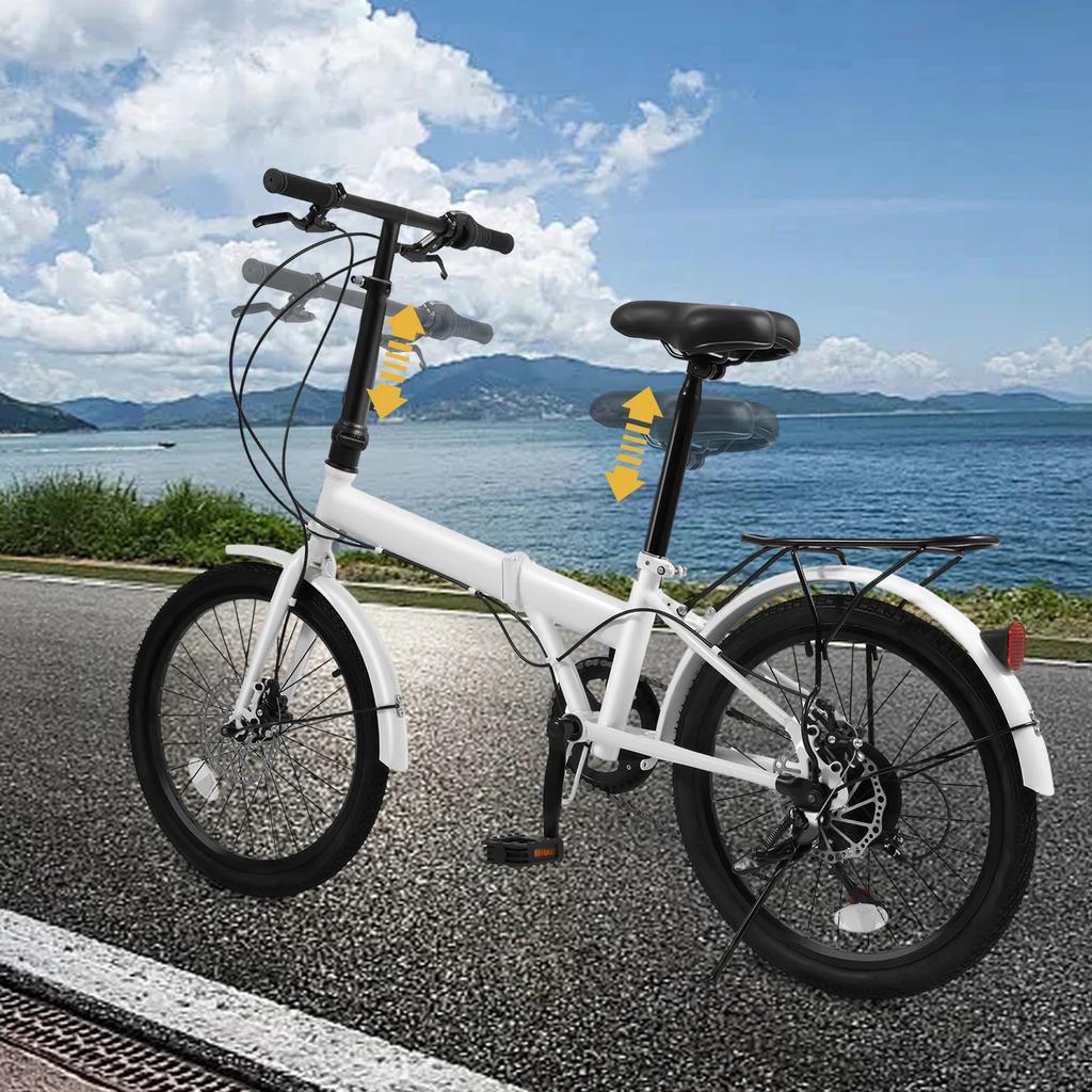 20In White Iron T-shaped 7-speed Seat Height Adjustable Folding Bicycle, City Bicycle with Disc Brake for Traveling & Exercising