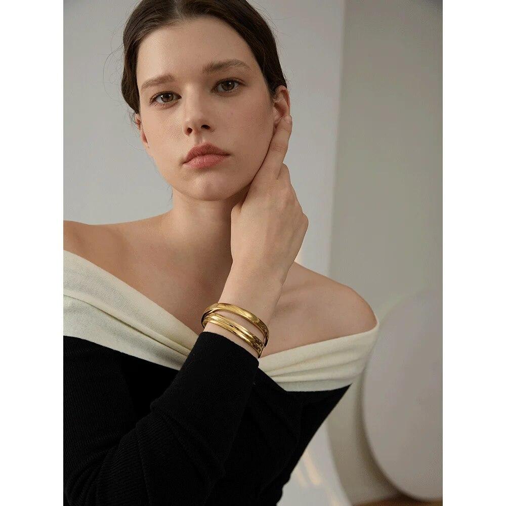 

Yhpup 60 мм водонепроницаемый круглый гладкий браслет из нержавеющей стали 316L, женский минималистичный браслет из 18-каратного золота с текстурой, очаровательные ювелирные изделия