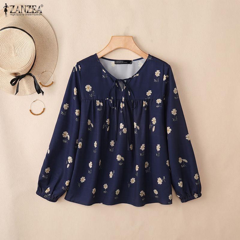 ZANZEA Women Casual Round Neck Floral Print Loose Long Sleeve Blouse