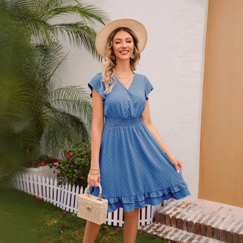 Damen Frühling Sommer Taille V-Ausschnitt Kleid Urlaub Freizeit Kurzarm Schlankheitskleid