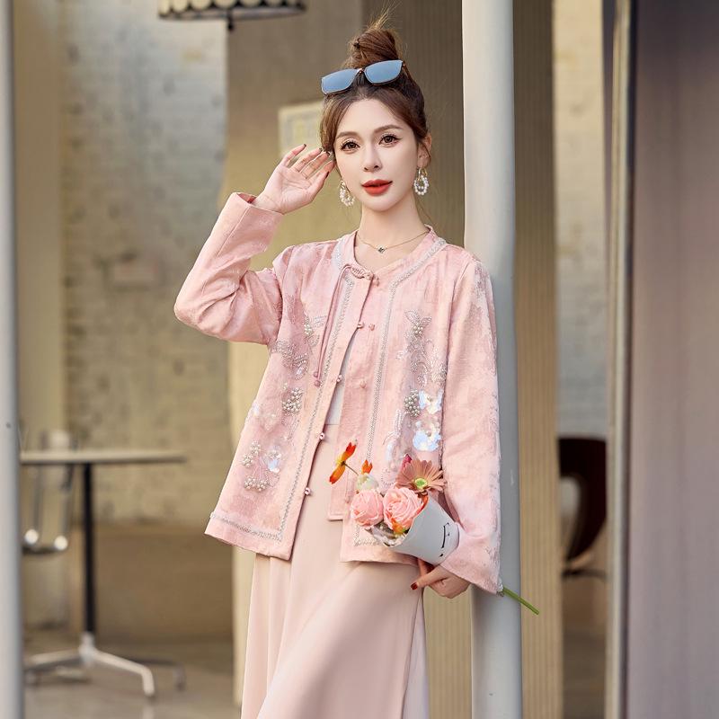New Chinese Style Spring 2025 Beaded & Sequined Embroidery Short Jacket with Frog Button - YJ8517