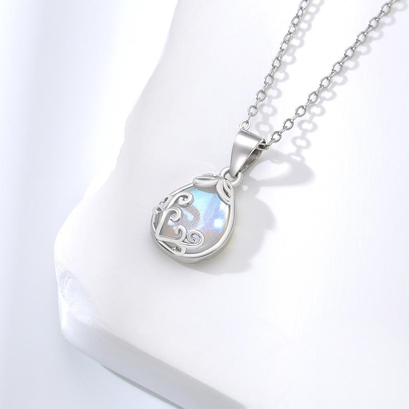

925 Sterling Silver Floral Vine Moonstone Necklace Exquisite, High-End Teardrop Pendant Choker-Length Chain 925 silver