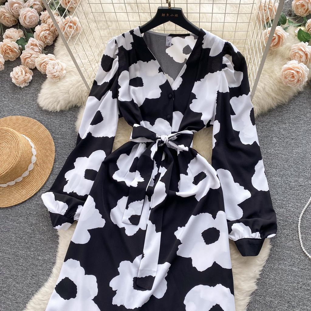 Fashion Flower Print Γυναικείο Φόρεμα Φθινοπωρινό Κομψό Vintage Επίδεσμος Μακρύ μάξι Φόρεμα με βολάν πάρτι Vestidos