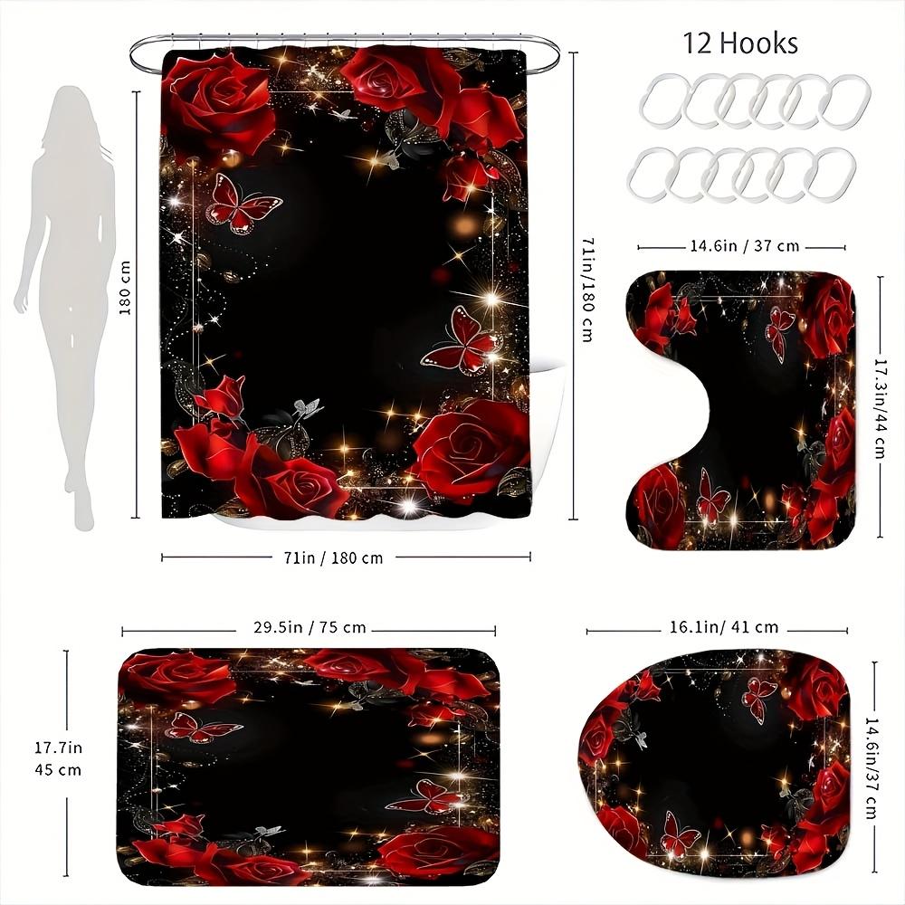 4Pcs Bathroom Shower Curtain Set Rose Butterfly Flower Bathroom Curtain With 12 Hooks Non Slip Rugs Toilet Cover Mat Bathroom Partition