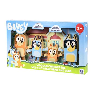 Деревянные фигурки персонажей Bluey, Набор из 4 штук, Цветные шарнирные деревянные игрушки для малышей, Включает Бинго, Чили и Бандита, Набор кубиков для возраста 3+