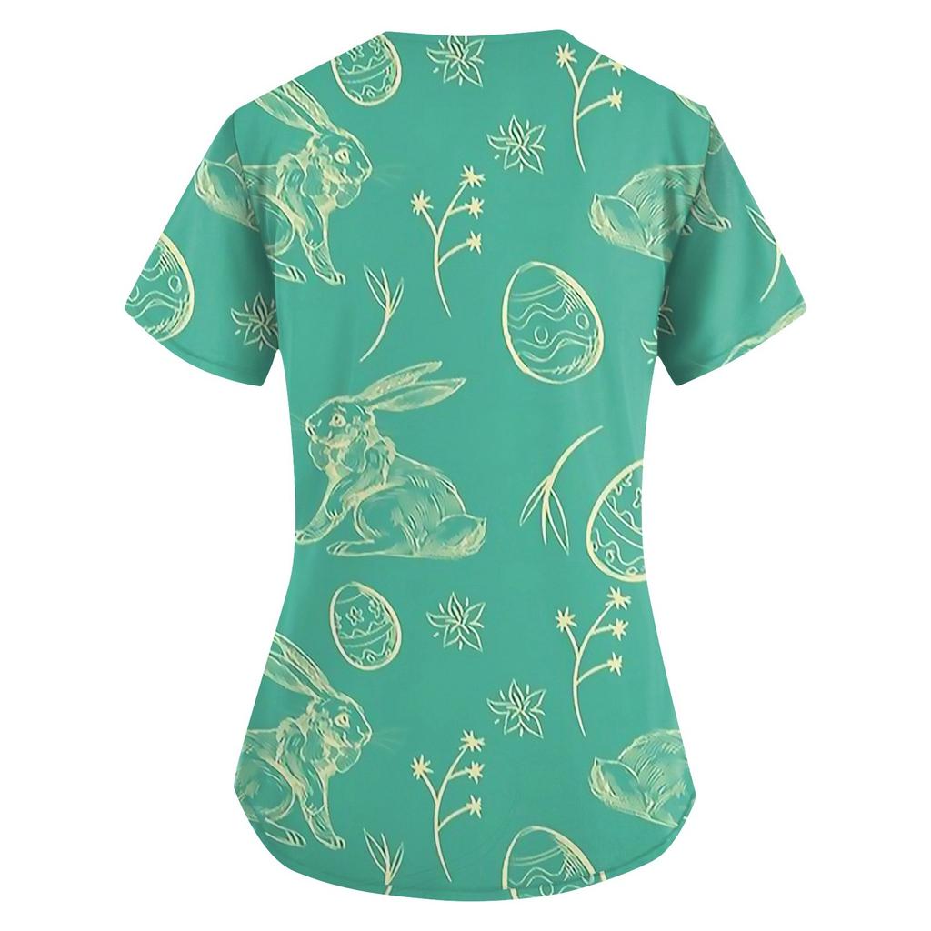 Women's Fashion V-neck Short Sleeve Workwear With Pockets Easter Printed Tops