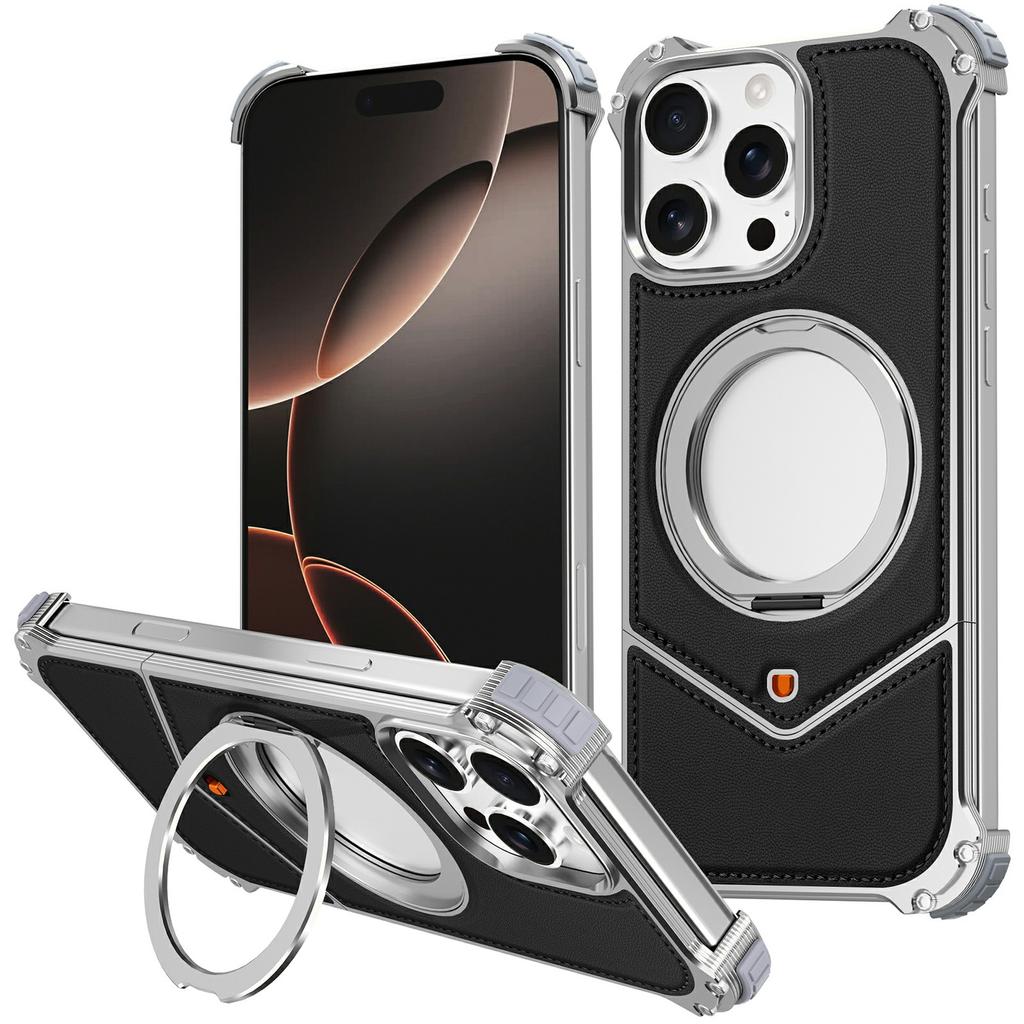 For iPhone 16 Pro Case PU Covered Metal Boardless Phone Back Cover with Kickstand