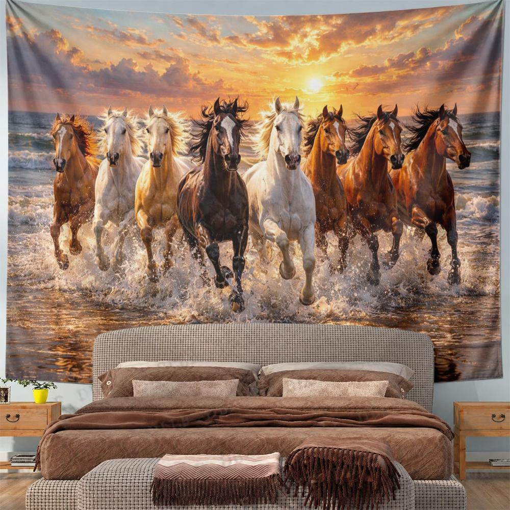 Galloping horses on beach at sunset Patterned tapestry for bedroom and living room home decor sofas.