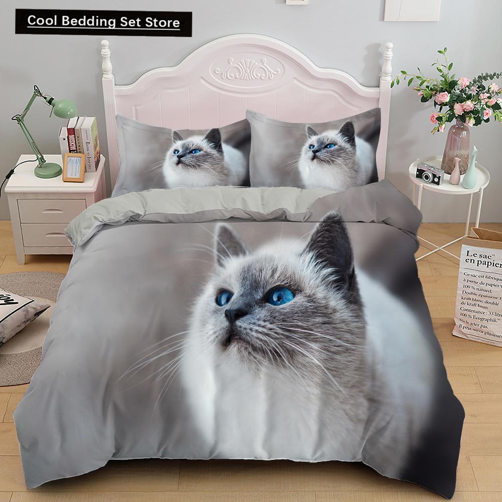 White Cat King Queen Duvet Cover Kawaii Pet Kitty Bedding Set for Kids Teens Adults Family Animal 2/3pcs Polyester Quilt Cover