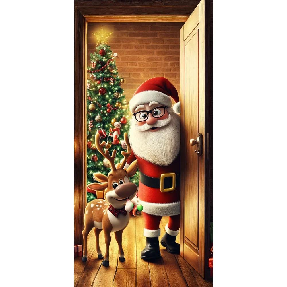 Christmas Door Cover Decoration Santa Claus Elk Open Door Welcome Christmas Background Indoor Outdoor Porch Banner Party