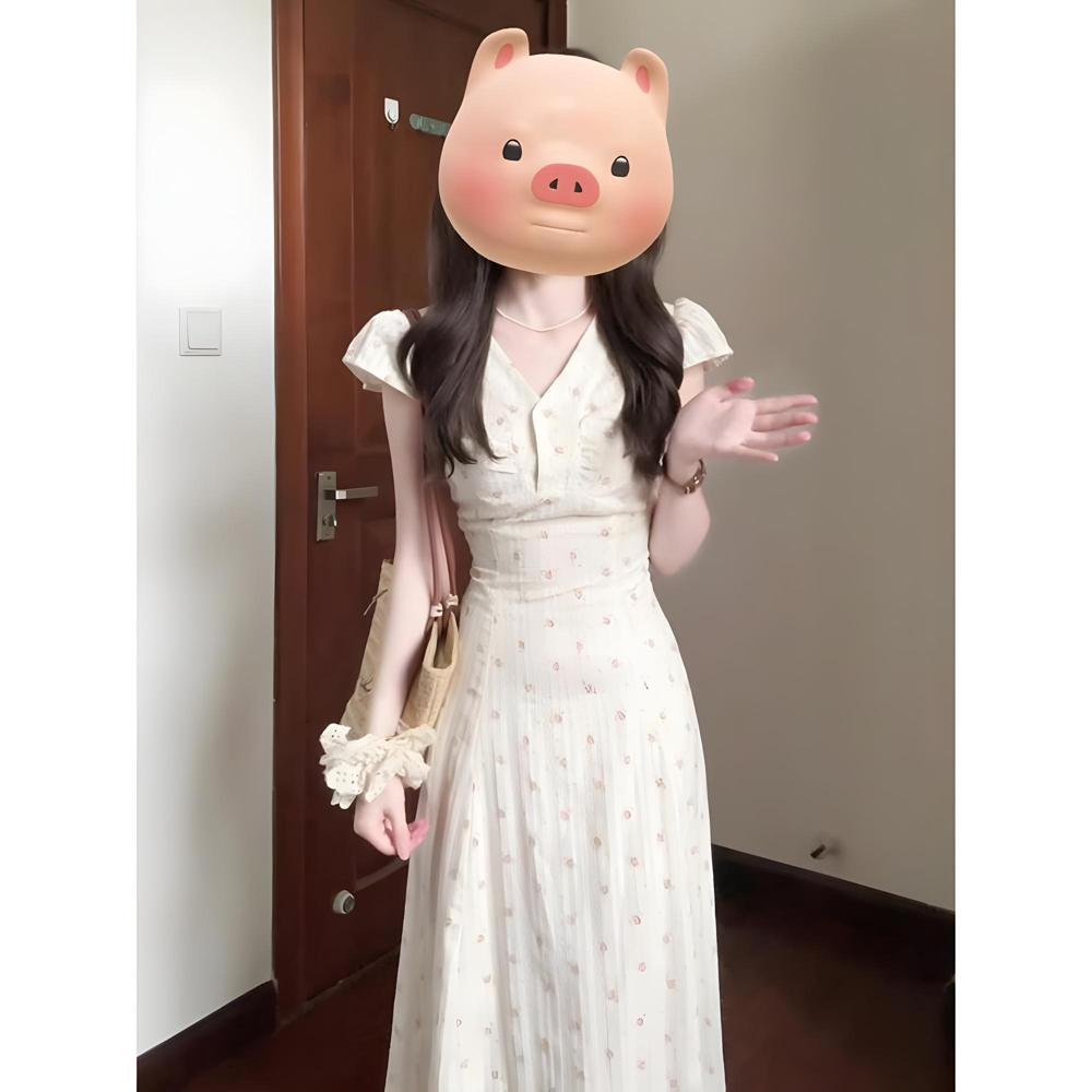 

Женское летнее платье с V-образным вырезом, цветочным принтом, новым темпераментом, в стиле отпуска, с завышенной талией, тонкое, А-силуэта, длинное XL- (recommended 110-60kg)