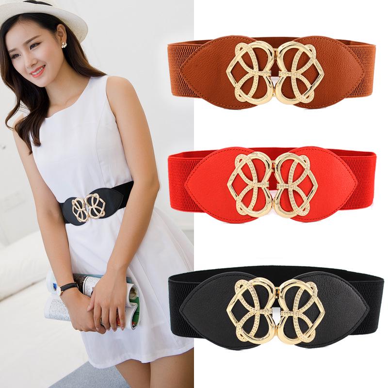 Down Jacket Decorative Belt Women'S Bright Gold Love Pair Buckle Elastic Belt Dress Wide Waist Seal Three Sizes