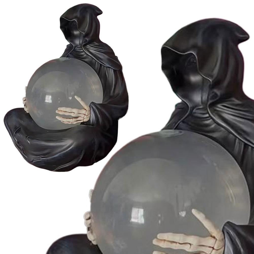 LED Halloween Decoration Crystal Ball USB Charging Death God Crystal Ball Resin Spooky Sculpture Ornament for Desktop Decor