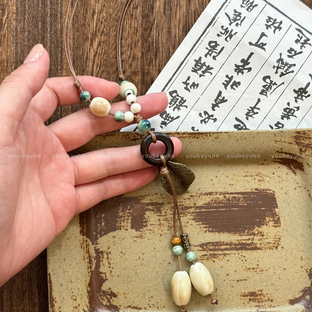 New Chinese style antique natural stone ceramic pendant necklace national style national style long lanyard sweater chain neck accessories