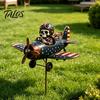 Holiday Landscape Statue Metal Skeleton Pilot Airplane Wind Spinner with Ground Stake, Vintage American Flag Garden Retro Lawn Ornament Yard