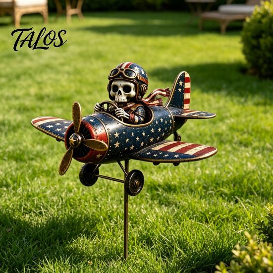 Holiday Landscape Statue Metal Skeleton Pilot Airplane Wind Spinner with Ground Stake, Vintage American Flag Garden Retro Lawn Ornament Yard