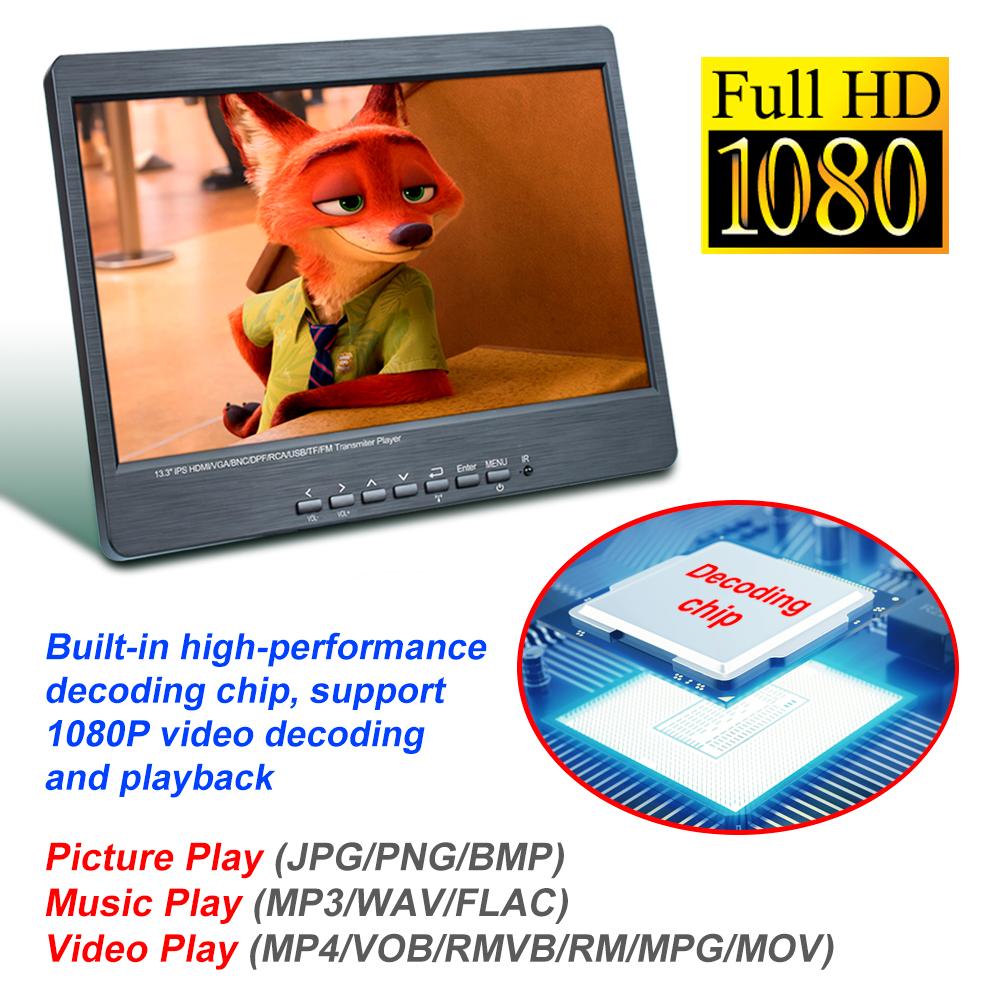 13,3 tums IPS-skärm Bil Nackstöd MP5 Videospelare 2K 1920*1080 Skärm Elektroniskt Album AV HDMI VGA BNC Ingång 2*2W Högtalare