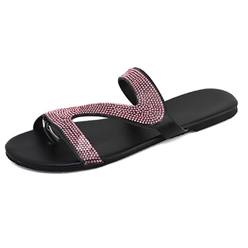 Large size women's slippers fashionable rhinestone sandals comfortable one word large size outside wear flat sandals