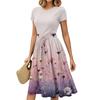 Women's Fashion Casual Belt Short Sleeve Round Neck Geometric Printing Splicing Elegant Temperament Dresses