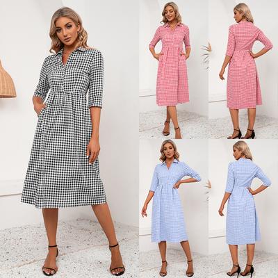 Camicia a quadri larga, casual, di media e lunga lunghezza, con revers, vestito, da donna
