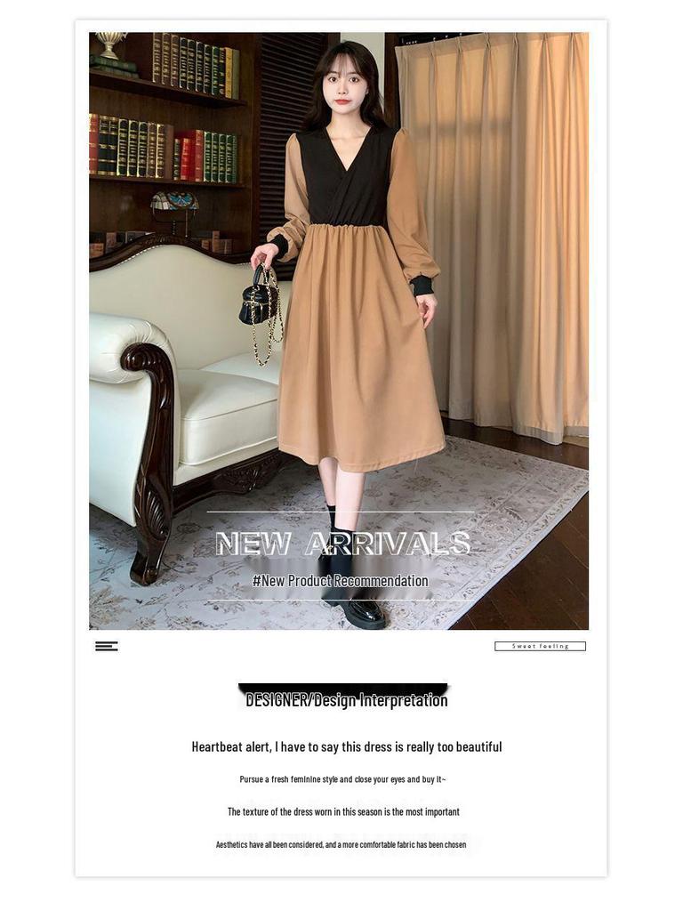 2026 Autumn Korean Style Elegant Waist-cinching Slim Fit French Retro Patchwork Midi Dress