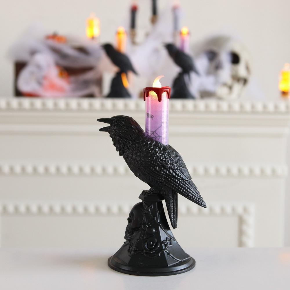 Realistic Black Crow Statue Glowing Candlestick Luminous Table Lamp Raven LED Candles Bar