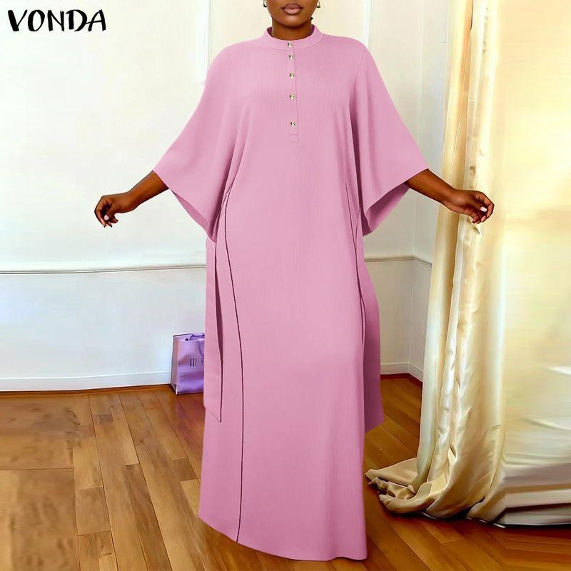 VONDA Elegant Women Batwing Sleeve Belt Waist Casual Loose Maxi Dress