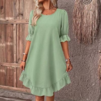 Summer Women Dress Mid Sleeves Solid Color Loose A-line Big Swing Ruffle Patchwork O Neck Pullover Knee Length Midi Dress