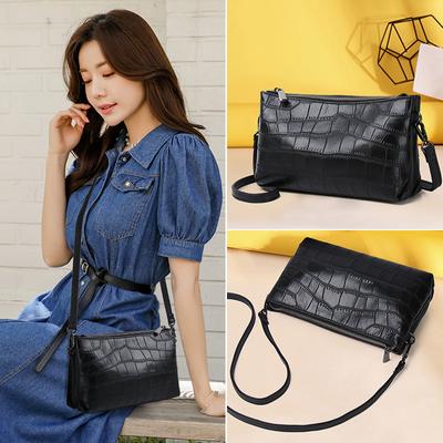 Stone Pattern Embossed Double-Layer Zipper First Layer Cowhide Shoulder Crossbody Genuine Leather Women'S Bag Mother Bag
