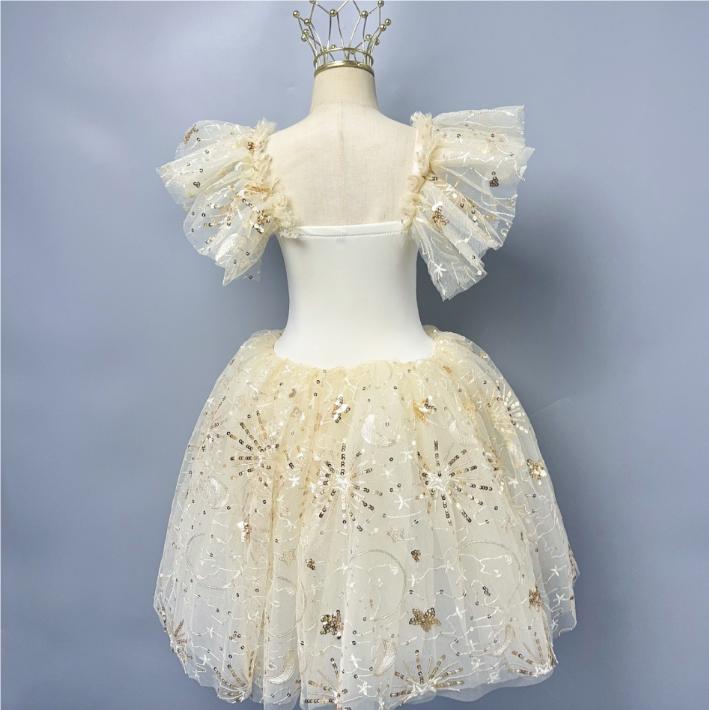 Tutu da Balletto Romantico per Bambina Gonna da Danza Gonna da Balletto con Paillettes Dorate Abbigliamento per Esibizioni di Balletto Abito Lungo da Principessa