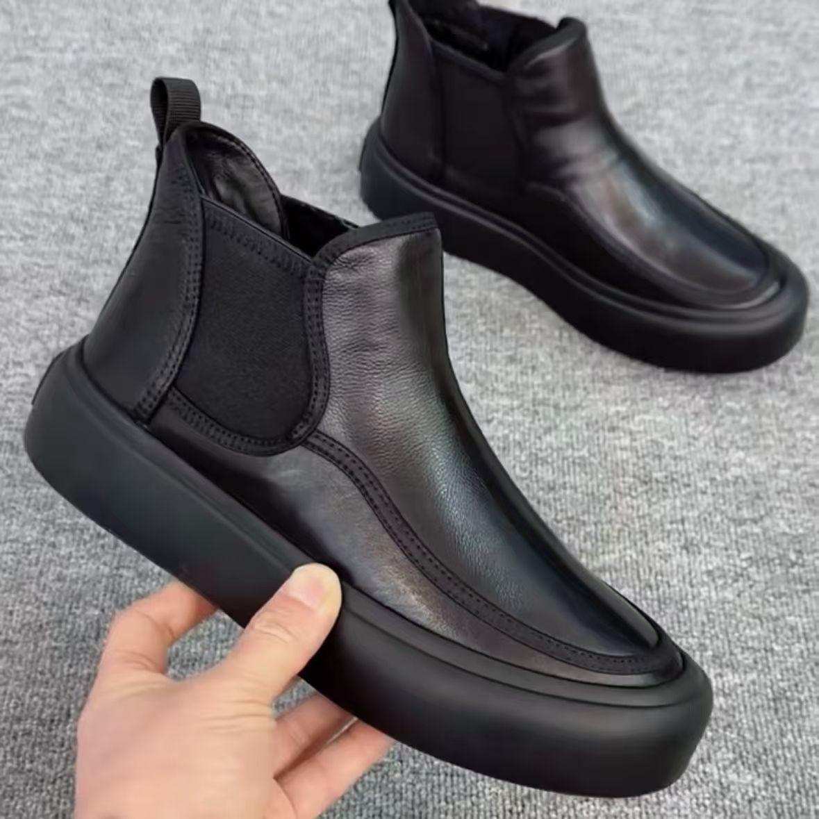 

Men s Genuine Leather Fleece-Lined Chelsea Boots - High-Top, Thick-Soled, Warm & Versatile for Autumn/Winter Casual Wear. 41