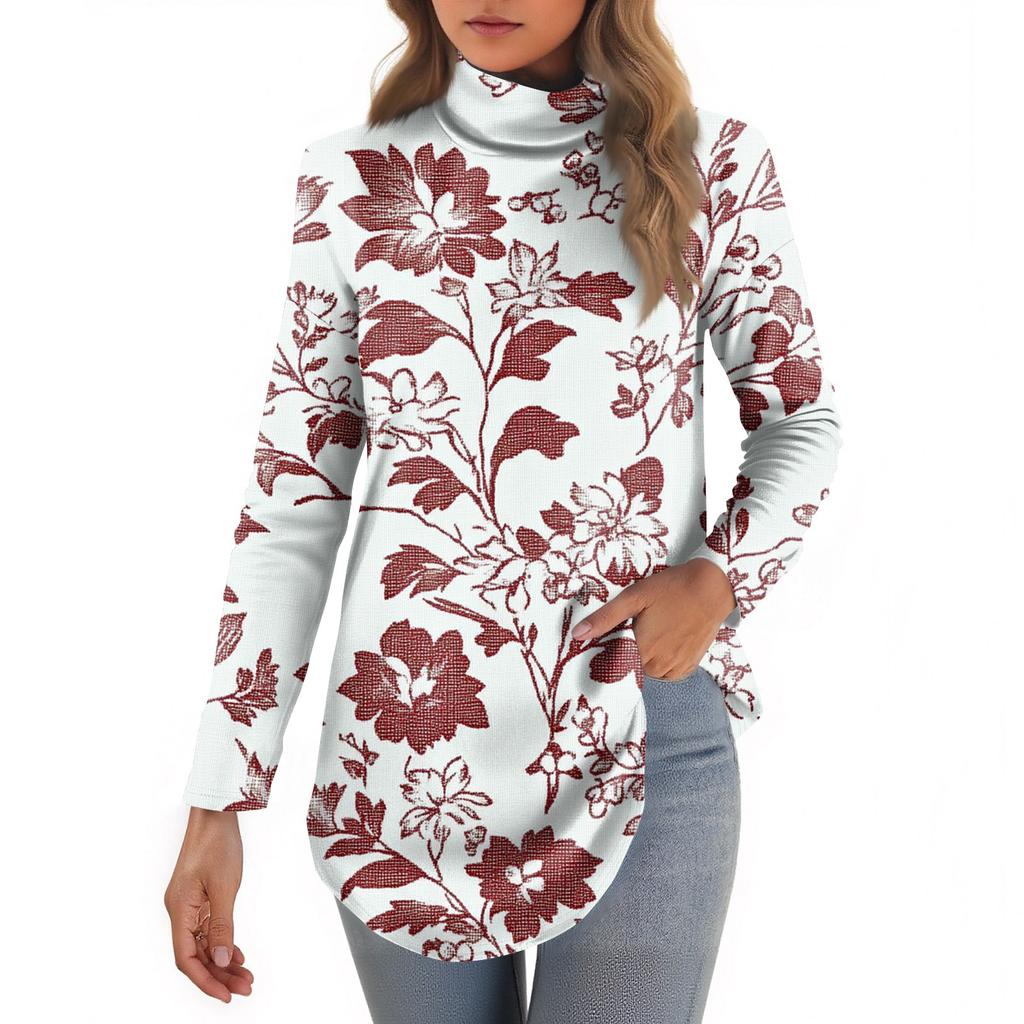 Koszulki damskie, jesienne, codzienne koszule z długim rękawem Bluza z nadrukiem w stylu vintage, sweter z wysokim dekoltem