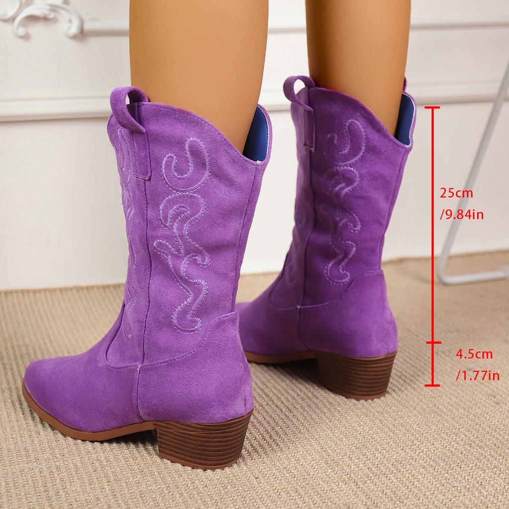 Large Size Embroidered Square Heel Round Head Medium Boots Chelsea Boots Versatile V-Mouth But Knee Boots Children