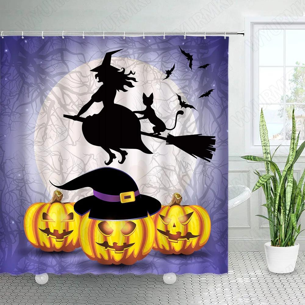 Hororová Halloweenská Sprchová Závěs Zábavná Dýně Čarodějnice Černá Kočka Mrtvý Strom Hrad Noční Scenérie Látka Koupelnová Dekorace Sprchové Závěsy