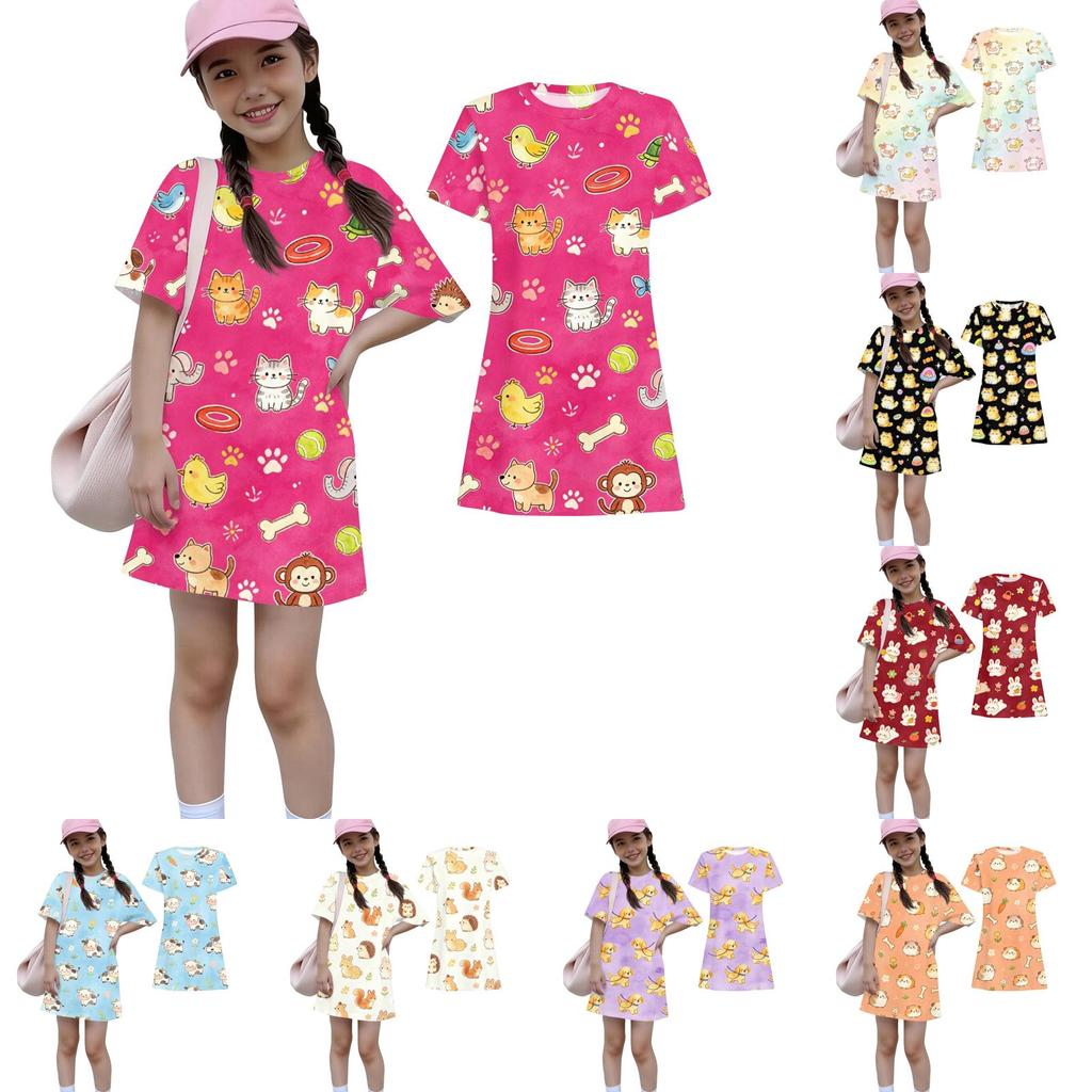 Girls Animal Print Dress Loose Fit Short Sleeve Round Neck Lightweight Summer Dress for Kids Casual Wear