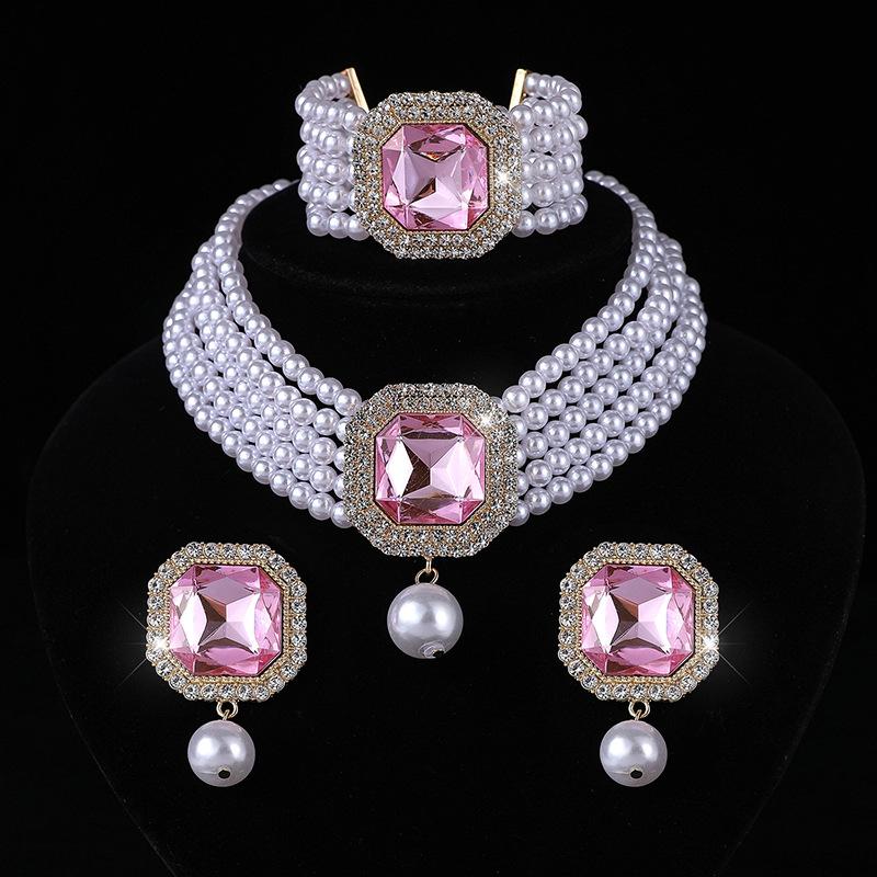 Square Crystal Diamond Earrings Necklace Set Choker Multilayer Bridal Anti-Pearl Necklace Earrings Women
