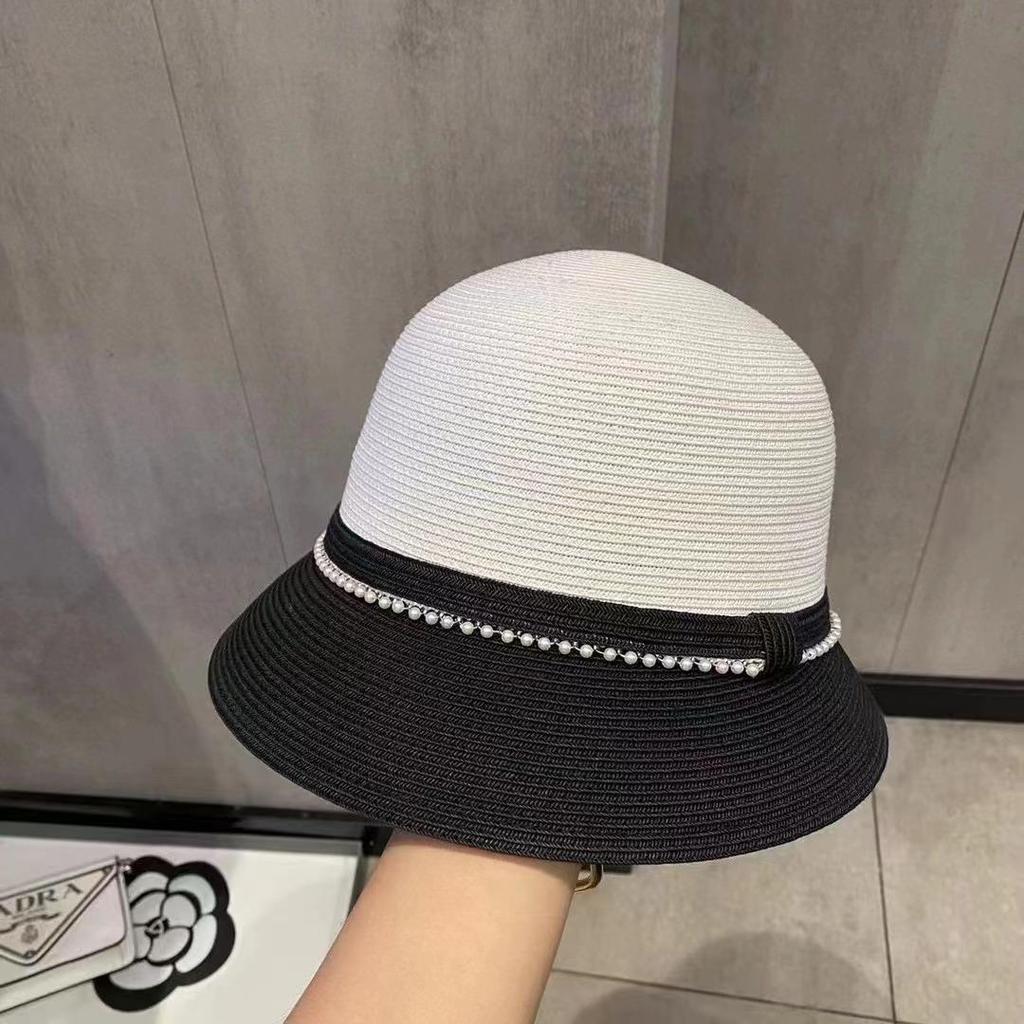 Dome Straw Color Matching Bucket Hat Pearl Straw Hat Women's Summer Sunshade Sunscreen Top Hat Foldable Sun Hat