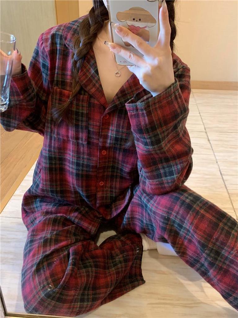 Korejský styl červený kostkovaný pyžamový set: Pohodlné, ležérní domácí oblečení pro páry