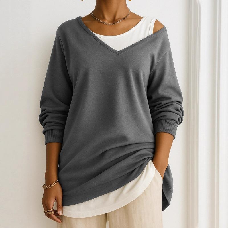 Autumn Winter Loose Casual Fake Two Pieces Sweatshirt Women Long Sleeve V-neck Pullover Top Female T-shirt Tee