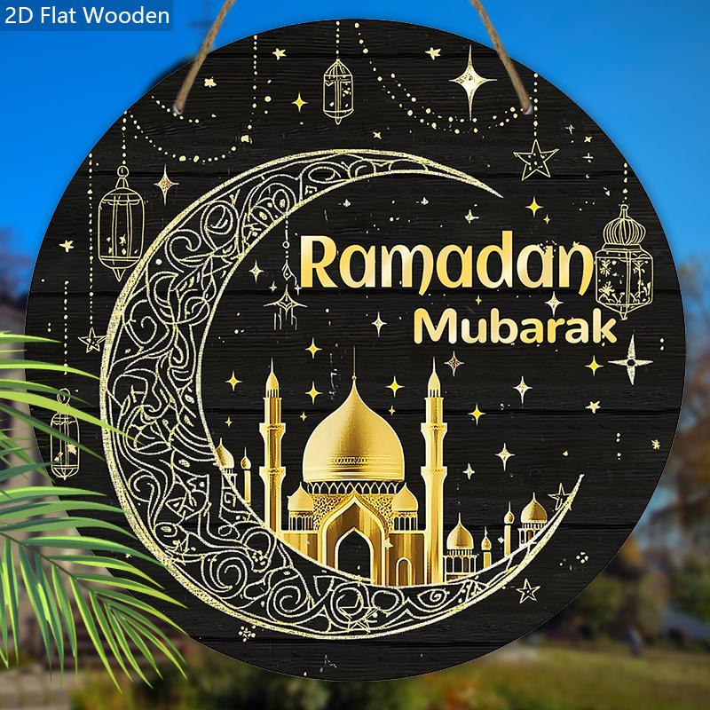 """Ramadan Mubarak" Mond & Moschee Holzschild, Runde Haustür Dekoration, Islamisches Wandbehang - Ideales Geschenk für Ramadan & Eid Feiern"""