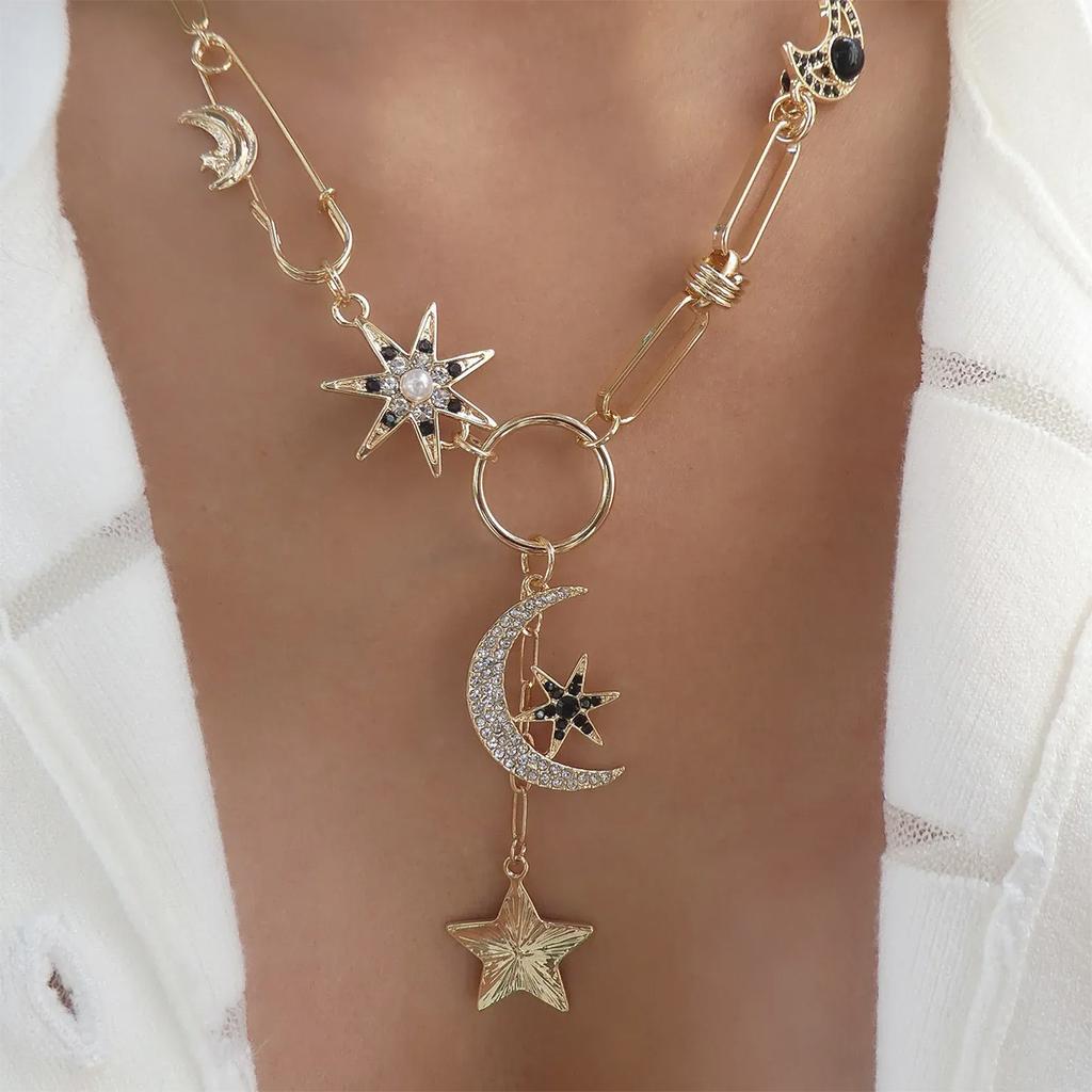 Necklace Accessories European and American Star Moon Pendant Women's Niche Light Luxury Advanced Sense Paper Clip Clavicle Chain