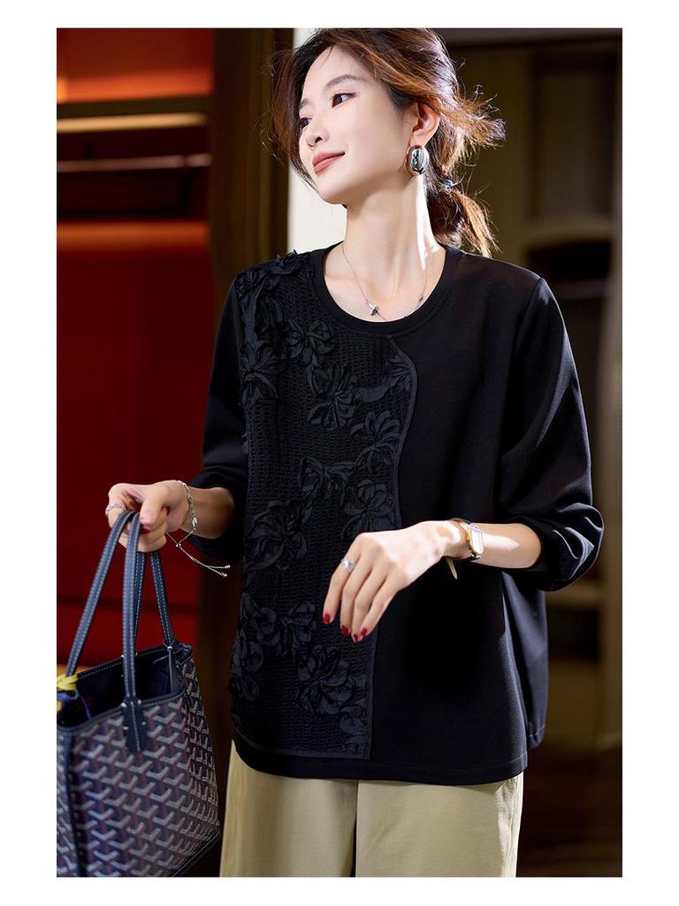 Dámské trendy černé tričko s dlouhým rukávem s výšivkou, zima 2024, nový čínský styl, nadměrná velikost